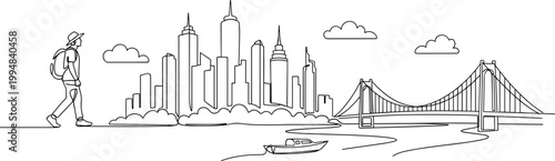 Line Art Traveler Walking Towards Iconic City Skyline and Suspension Bridge