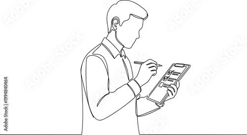 Businessman using stylus on tablet for data entry, checklist, or notes.