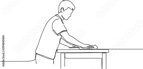 Man wiping a table with a cloth, line art illustration of cleaning and tidiness