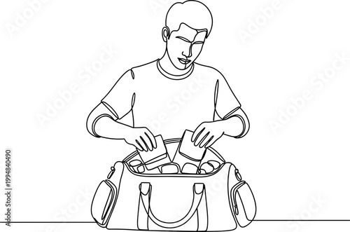 Young man packing items into duffel bag, travel preparation, continuous line drawing