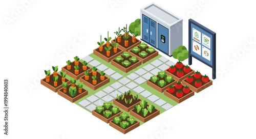 Isometric Smart Urban Garden Illustration with Automated Control System and Raised Vegetable Beds for Sustainable Agriculture and Agritech Concepts