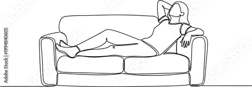 Minimalist line art of a woman relaxing on a couch, one continuous line drawing style.