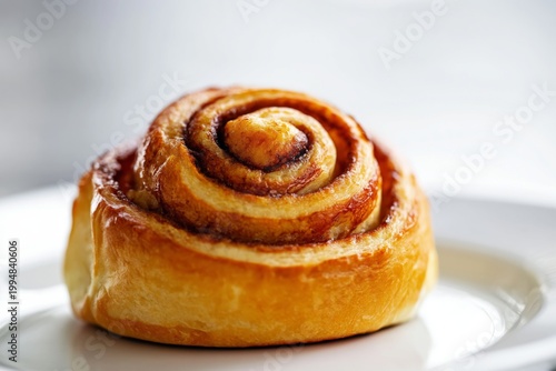 Sweet Cinnamon Roll on a White Plate With a Soft Focus Background in a Bright...
