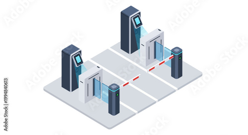 Automated Smart Parking System with Isometric Entry and Exit Gates, Barrier Arms, and Electronic Payment Kiosks for Secure Access Control