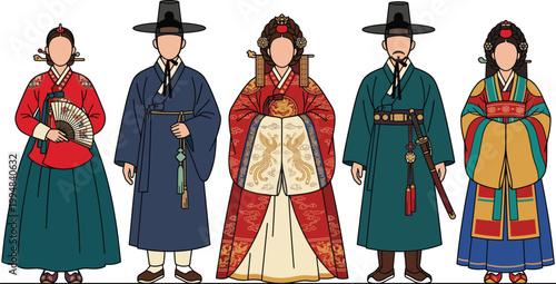 Collection of traditional Korean hanbok clothing featuring royal court dress and historical noble attire