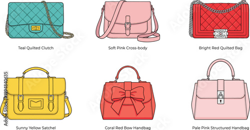 Colourful fashion handbags icons including quilted clutch satchel crossbody and bow purse