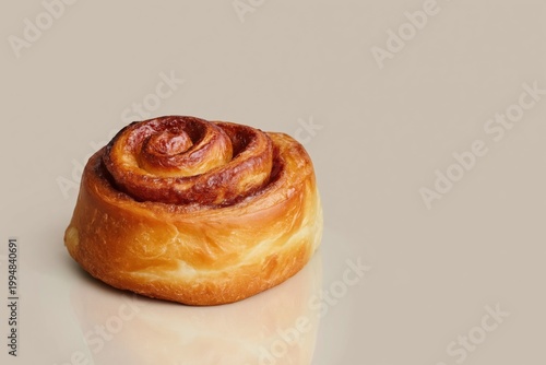 Freshly Baked Cinnamon Roll Sits on a Smooth Surface in a Cozy Setting