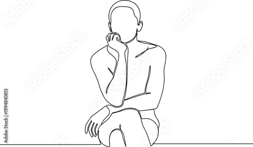 Minimalist Line Art: Person Sitting and Thinking, Contemplative Pose, White Background