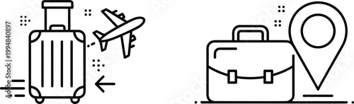 Travel and Luggage Line Icon Set Featuring Suitcase Airplane Briefcase and Location Pin Symbols for Tourism Business Trip and Transportation App Design