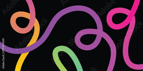 Colorful abstract lines on black background  vibrant wavy ribbons in pink purple orange yellow and green hues