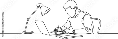 Continuous line drawing of a person studying or working on a laptop with a desk lamp.