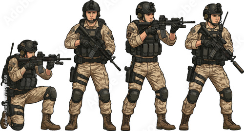 Set of special forces soldiers in desert camouflage uniform with tactical gear and rifles flat vector illustration
