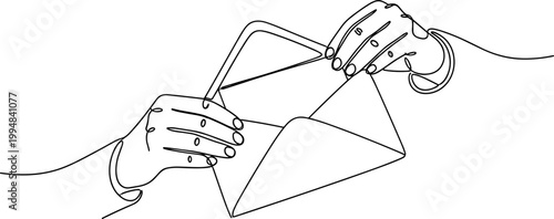 Continuous line drawing of hands opening an envelope