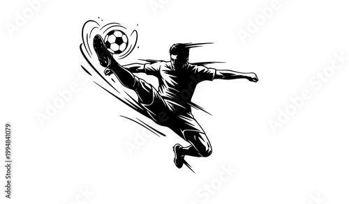 Front view soccer player kicking ball silhouette ink sport vector illustration