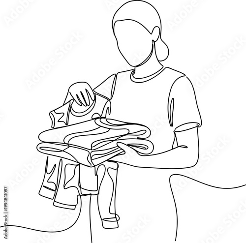 Woman Folding Clean Laundry, Minimalist Line Art Illustration