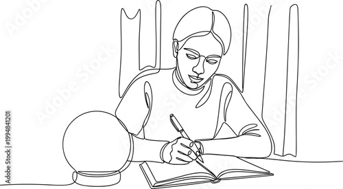 Continuous line drawing of a person writing in a notebook next to a crystal ball.
