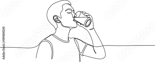 Continuous line drawing of a man drinking water from a glass, minimalist style.
