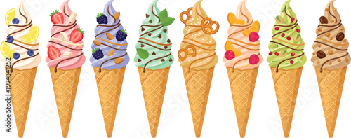 Variety of Soft Serve Ice Cream Cones with Fruits Nuts Chocolate Drizzle and Toppings Colorful Dessert Flat Vector Illustration Set