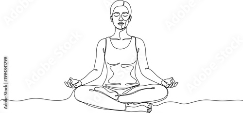 One Line Drawing of Woman Meditating in Lotus Pose, Calm and Serene