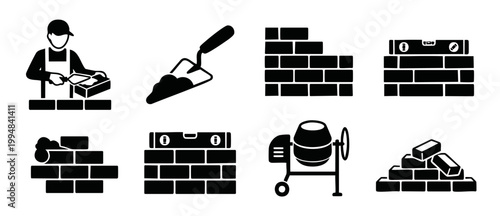 Masonry Construction Icons Set, Bricklayer Working with Trowel and Cement, Building Tools and Brick Walls Graphics for Architecture, Engineering, House Renovation Projects and Industrial Site Illustra