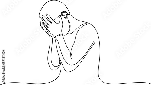 Man hiding face in hands, single line drawing, feeling despair, sadness, stress, mental health