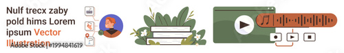 E-learning, digital education, podcasting, knowledge sharing, creative content, online media. User profile, books with plants and an audio player. E-learning and digital education
