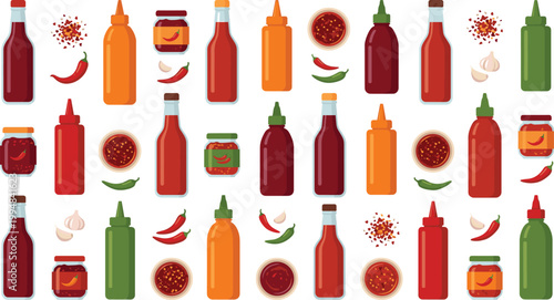 Hot Sauce Bottles Collection with Chili Peppers Garlic and Spices Assorted Condiments Set in Colorful Flat Vector Illustration Style