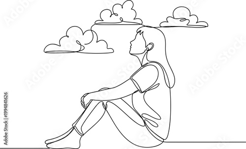 Woman Sitting Under Clouds, Line Art Drawing, Dreaming and Looking Up