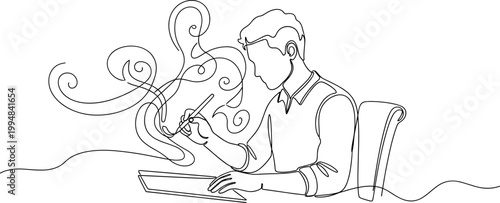Man drawing with stylus on tablet, creativity concept, single line art illustration