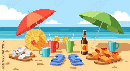 Beach vacation setup with umbrella, drinks, snacks, and accessories