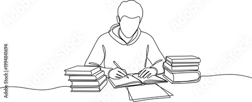 Student studying with books, continuous line drawing style. Education, learning, and knowledge concept.