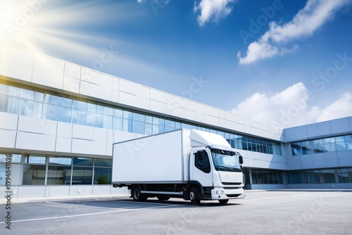 Delivery Truck Parked in Front of Modern Building on Sunny Day With Blue Sky ...