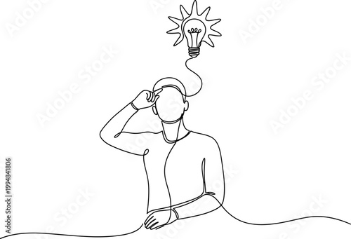 Man with Lightbulb Idea Single Line Drawing