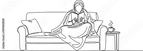 Person reading book wrapped in blanket on sofa with coffee, line art