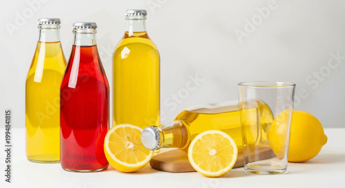 Glass bottles of juice with lemons on a table