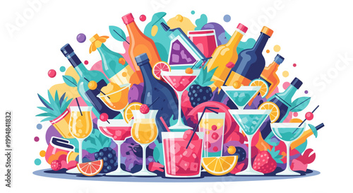Colorful cocktail drinks and glasses illustration with fruits