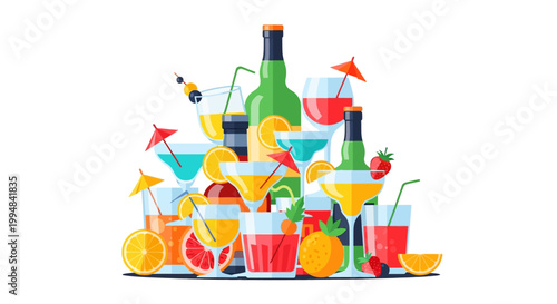 Colorful cocktail drinks with umbrellas and fruit illustration