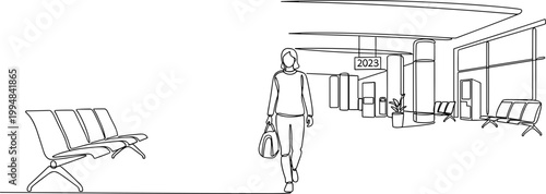 Modern Airport Departure Hall Line Art with Woman and Waiting Area
