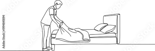 Person making bed with duvet and pillows, line drawing illustration