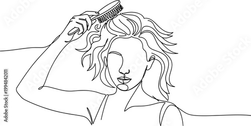 Woman Brushing Messy Hair, Minimalist Line Art Drawing, Self Care Routine