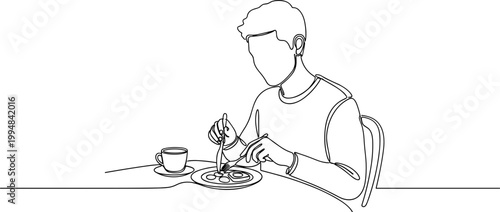 Continuous line drawing of a man enjoying breakfast with coffee and food.