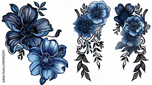 Three elegant watercolor flower arrangements with blue, black, and hints of white