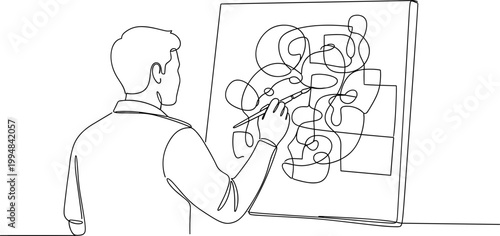 Artist drawing abstract shapes on canvas with pen, single line art