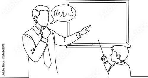 Teacher instructing student at whiteboard, communication concept, line art