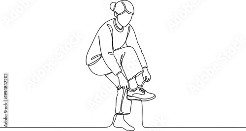 Continuous line drawing of a woman tying shoelaces, minimalist vector art, athletic footwear