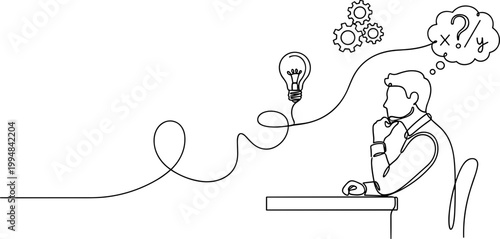 Man thinking, idea bulb, gears and math symbols in thought bubble, continuous line drawing.