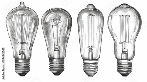 Sepia-toned vintage drawing features four lightbulbs with different filament styles