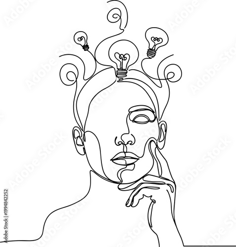 Abstract line art woman's head with light bulbs, symbolizing ideas and creativity.