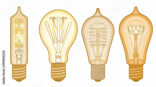 Four cartoon old fashioned light bulbs with different filaments and bulb shapes