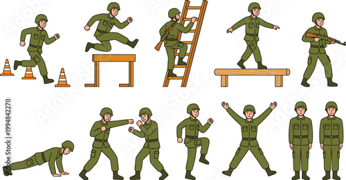 Military soldiers in training exercises including obstacle course running jumping and hand to hand combat